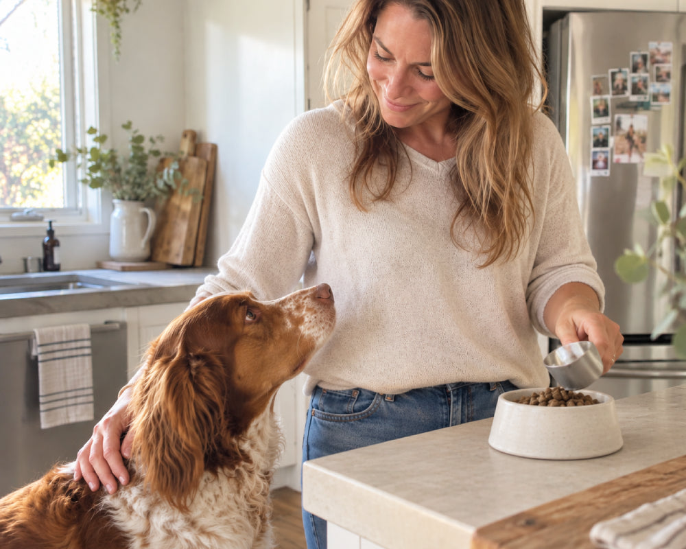 Woman preparing her dog's daily wellness routine at home