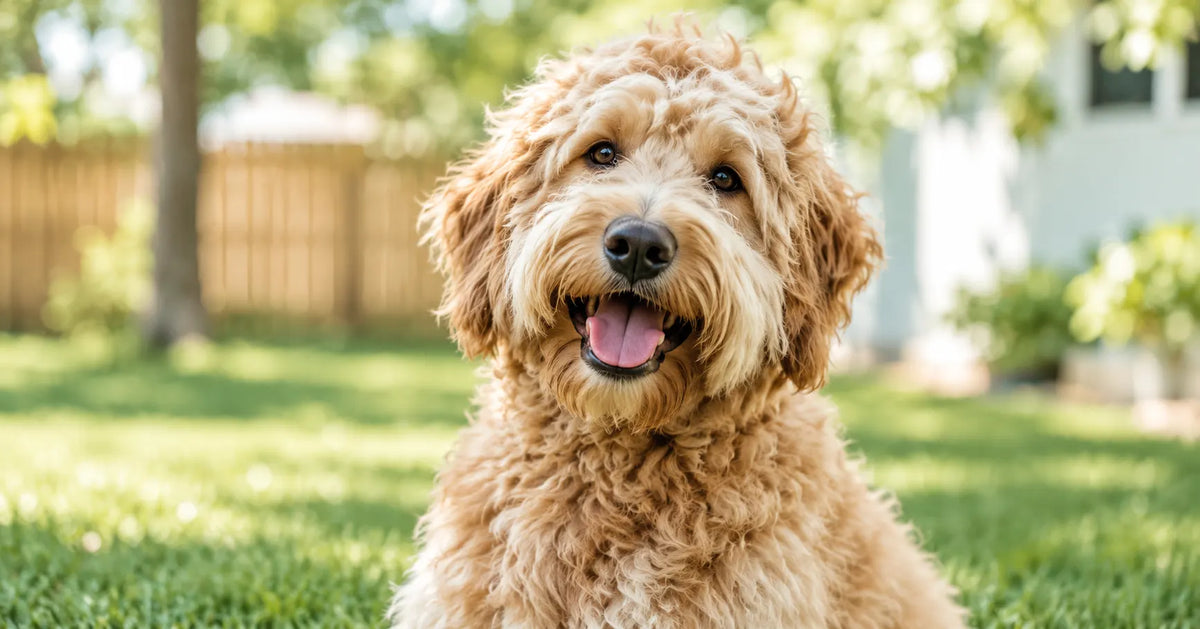 Apricot Goldendoodle sitting on a lawn in a sunny garden, looking at the camera