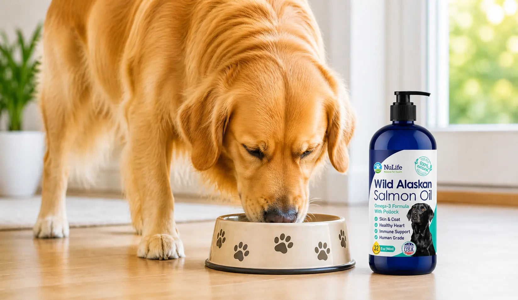 Salmon oil for dogs — wild Alaskan salmon oil pump bottle with healthy dog