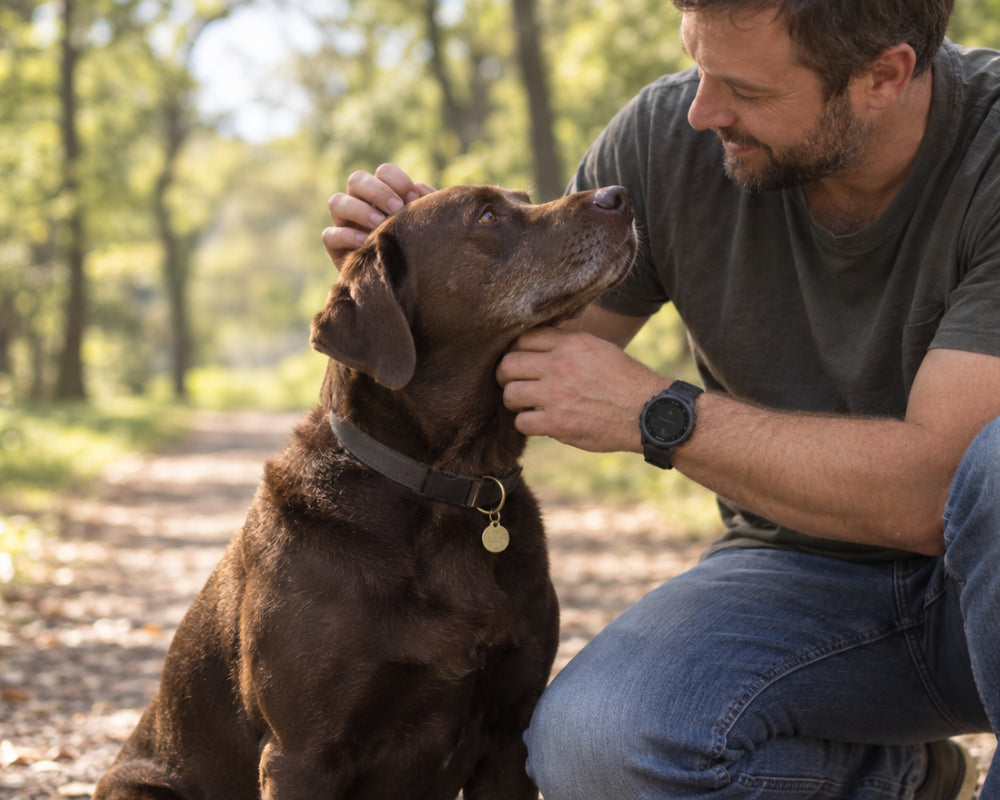 Dog owner sharing a quiet moment with his Labrador outdoors