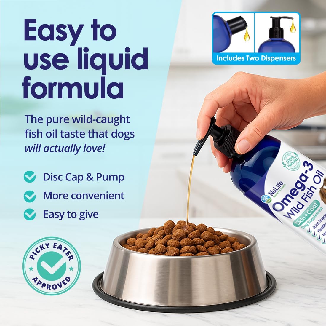Fish oil being pumped onto kibble in a dog bowl, showing easy-to-use dual dispenser caps