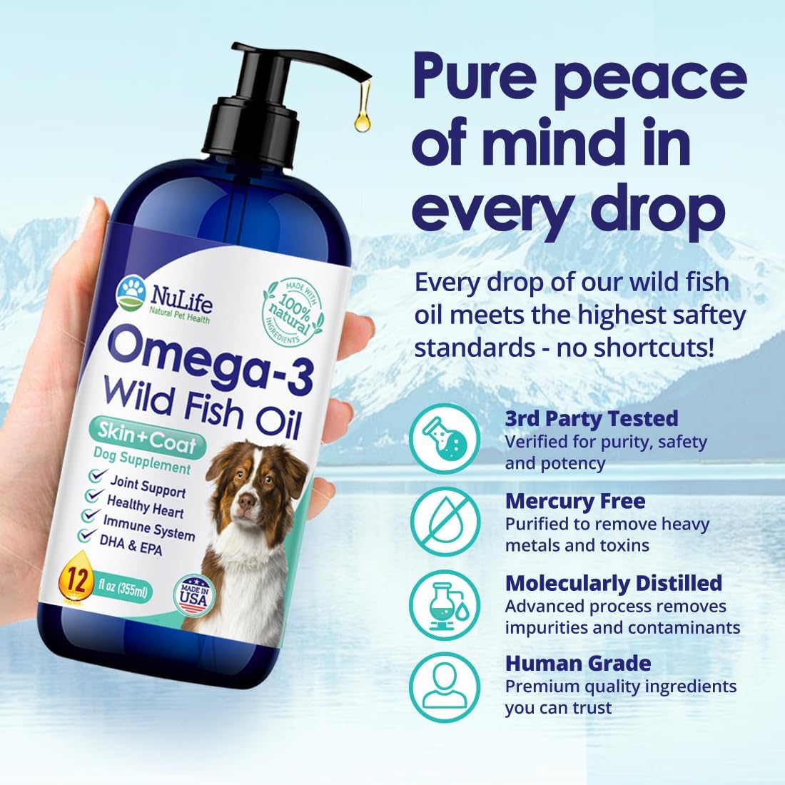 NuLife Omega-3 Wild Fish Oil bottle held by a hand with product details on a blue background