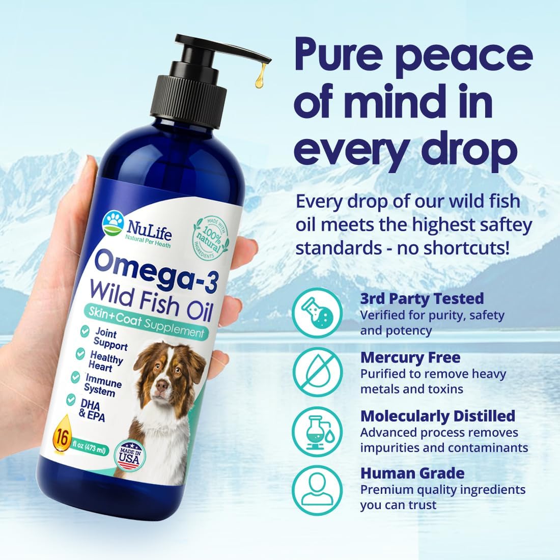 NuLife Omega-3 Wild Fish Oil 32 oz bottle with pump dispenser, joint and immune support for dogs