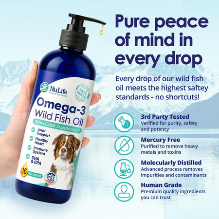 NuLife Omega-3 Wild Fish Oil 32 oz bottle with pump dispenser, joint and immune support for dogs
