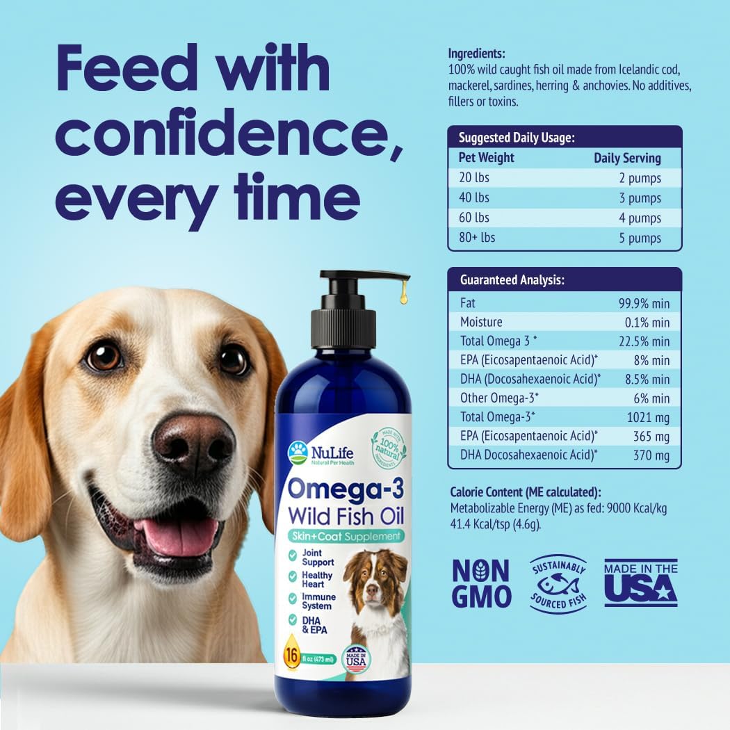 Feeding chart and guaranteed analysis for NuLife Omega-3 Wild Fish Oil by dog weight