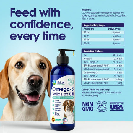 Feeding chart and guaranteed analysis for NuLife Omega-3 Wild Fish Oil by dog weight