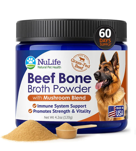 Grass-Fed Beef Bone Broth Powder for Dogs  With Mushrooms - 4.2oz - NuLife Natural Pet Health