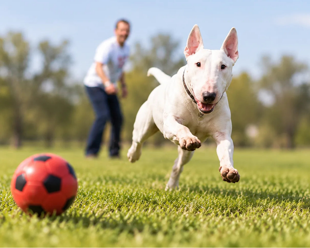 A white Bull Terrier dog running across a green grass field with a red and black soccer ball in the foreground and a man blurred in the background under a blue sky.