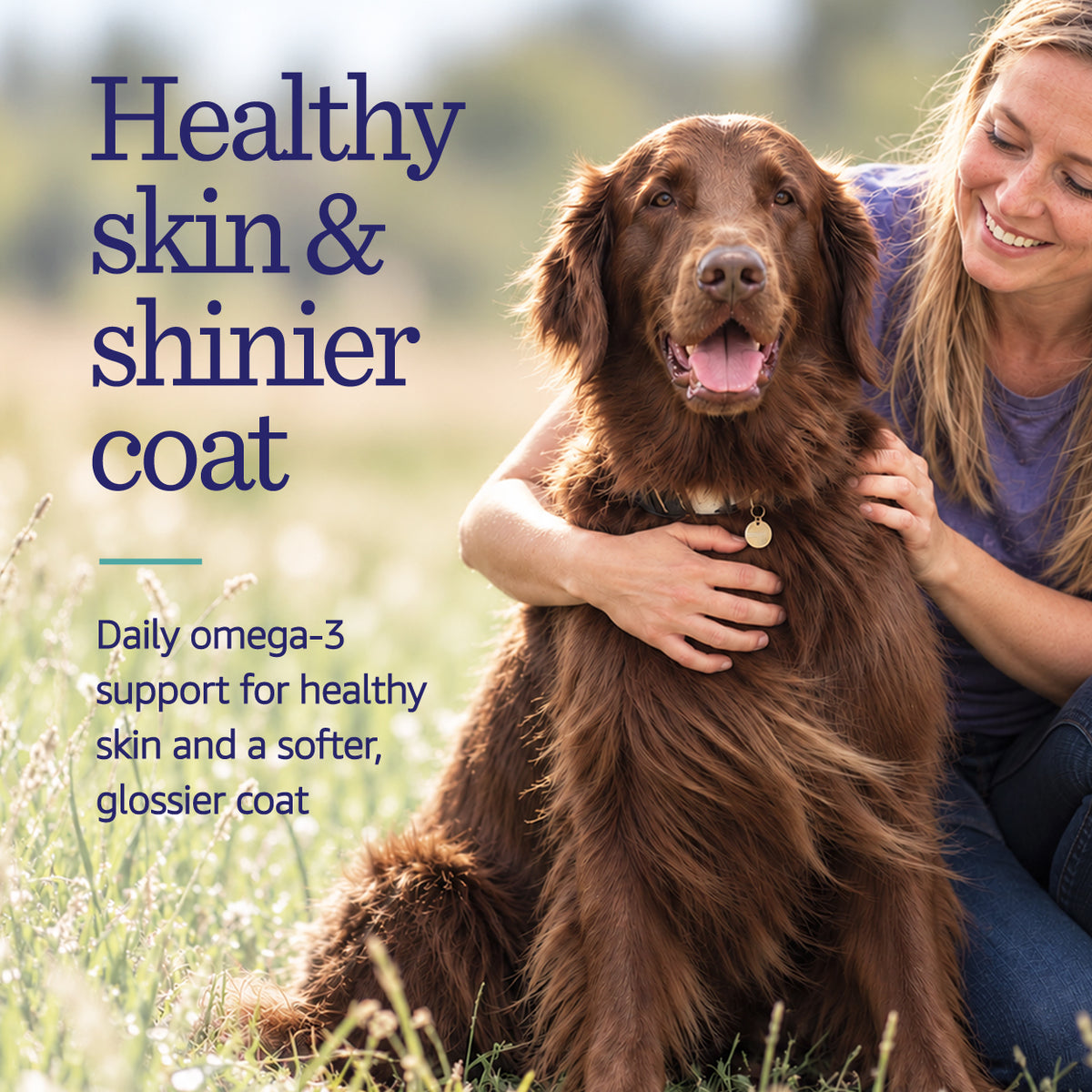 Woman embracing beautiful dog in field