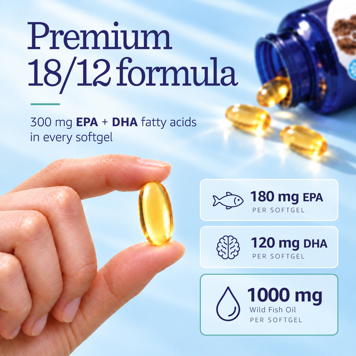 Hand holding an omega 3 pill for dogs premium 18/12 formula