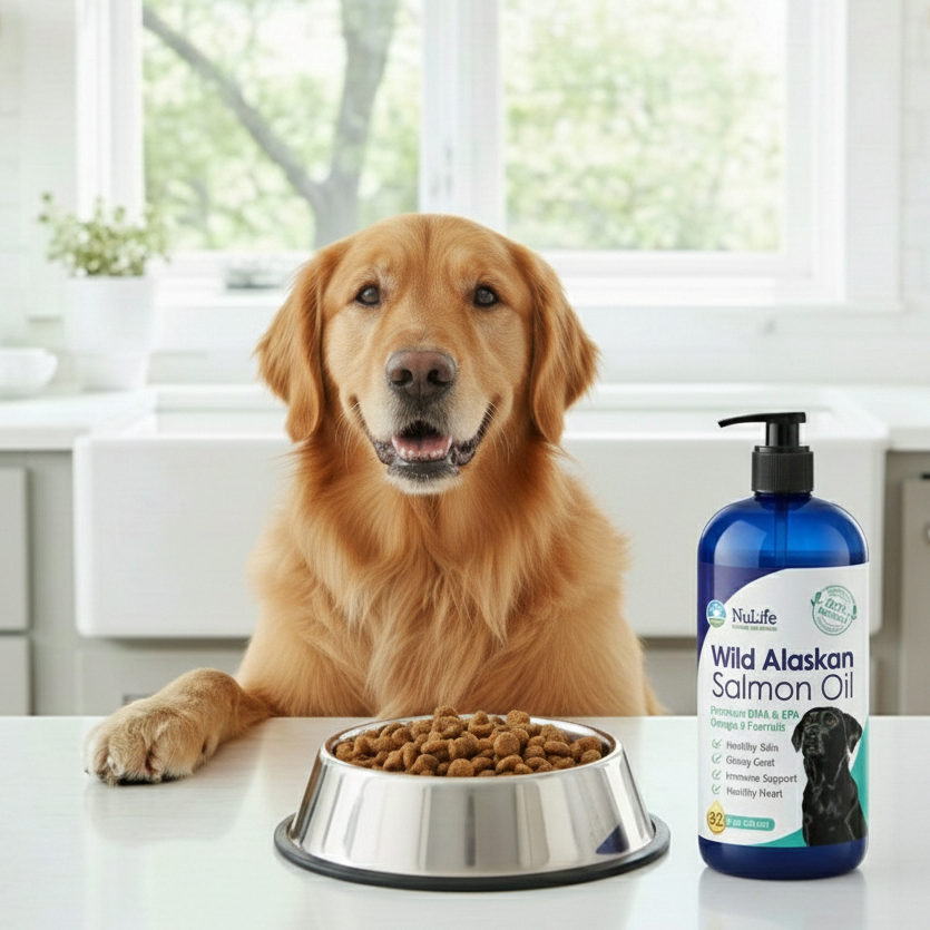 Dog sitting next to a bowl of food and a bottle of Nulo Wild Alaskan Salmon Oil in a kitchen.