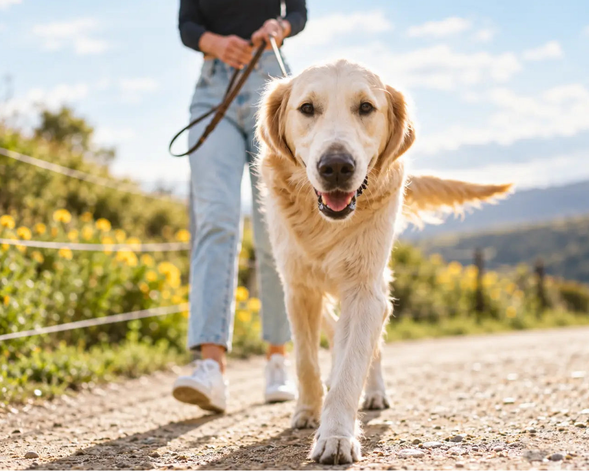 Golden Retriever enjoying a walk with its owner, representing healthy joints and everyday mobility for dogs.