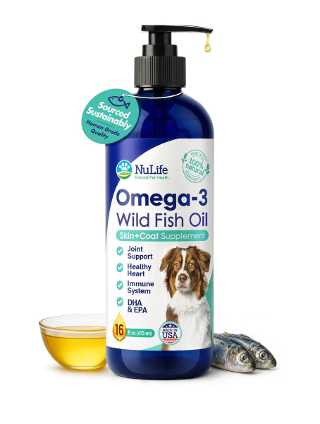 NuLife Omega-3 Wild Fish Oil pump bottle for dogs, third-party tested and mercury-free