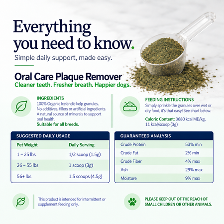 NuLife Organic Oral Care for dogs ingredients, dosage and guaranteed analysis