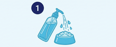 Illustration of a bottle being used to sprinkle something into a bowl on a light blue background