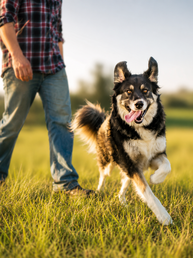 Active dog walking outdoors with its owner for everyday wellness