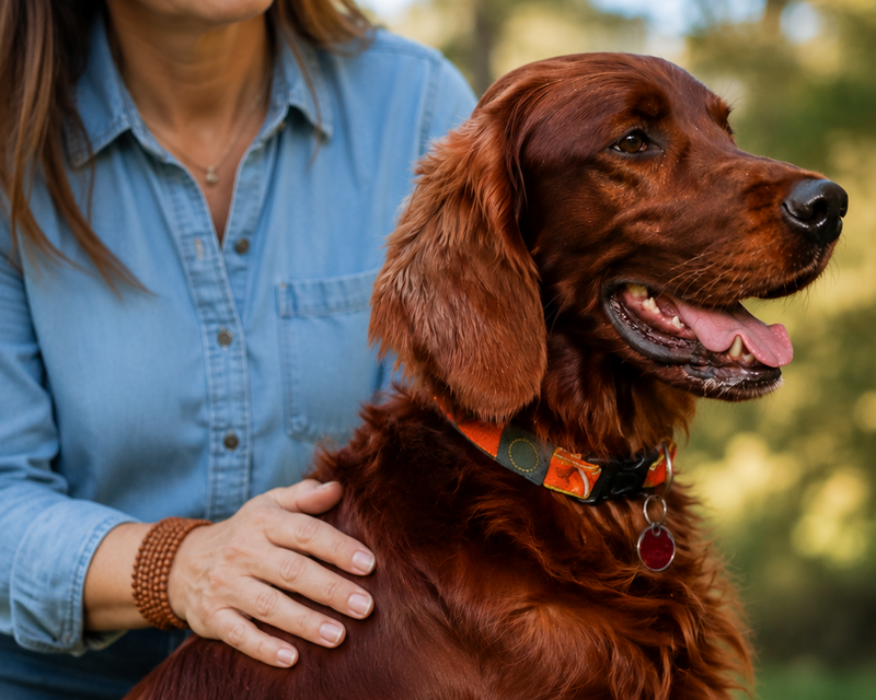 Dog with a healthy coat being stroked by its owner