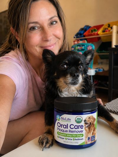 NuLife Organic Oral Care powder with dog and owner