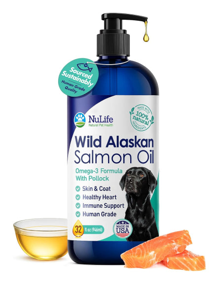 NuLife Wild Alaskan Salmon Oil pump bottle for dogs, third-party tested and mercury-free