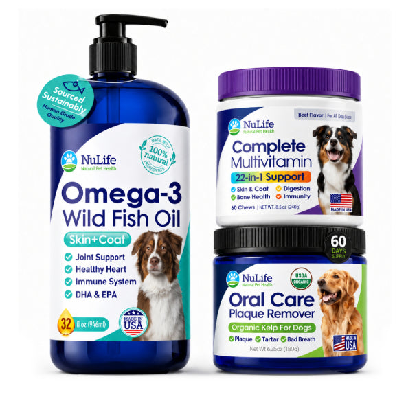 NuLife Dog Wellness Bundle with multivitamin chews, Omega-3 fish oil and dental care powder