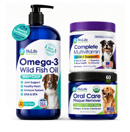 NuLife Dog Wellness Bundle with multivitamin chews, Omega-3 fish oil and dental care powder