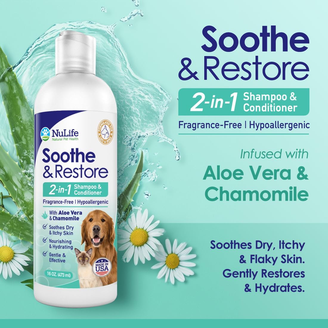 2-in-1 Shampoo & Conditioner, Soothing Aloe Vera & Chamomile - 16oz - NuLife Natural Pet Health