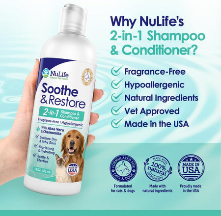 2-in-1 Shampoo & Conditioner, Soothing Aloe Vera & Chamomile - 16oz - NuLife Natural Pet Health