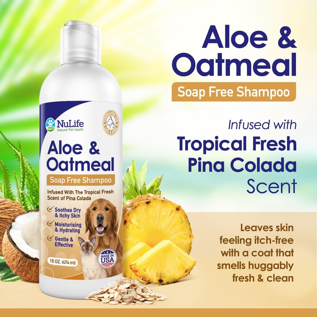 Oatmeal And Aloe Shampoo For Dogs - Pina Colada - 16oz - NuLife Natural Pet Health