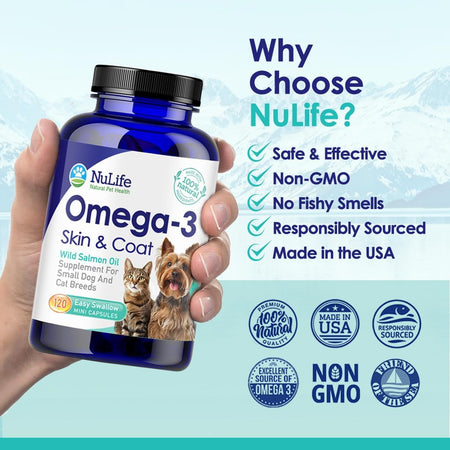 Omega 3 Fish Oil For Dogs & Cats - Omega 3 Pills For Dogs - 120 Caps (500mg) - NuLife Natural Pet Health