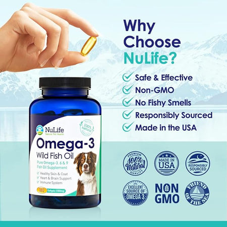Omega 3 Fish Oil For Dogs - Skin & Coat Supplement - 180 Caps (1000mg) - NuLife Natural Pet Health