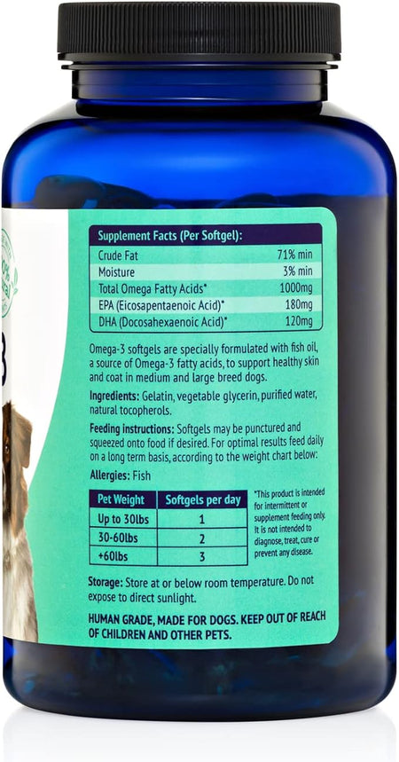 Omega 3 Fish Oil For Dogs - Skin & Coat Supplement - 180 Caps (1000mg) - NuLife Natural Pet Health