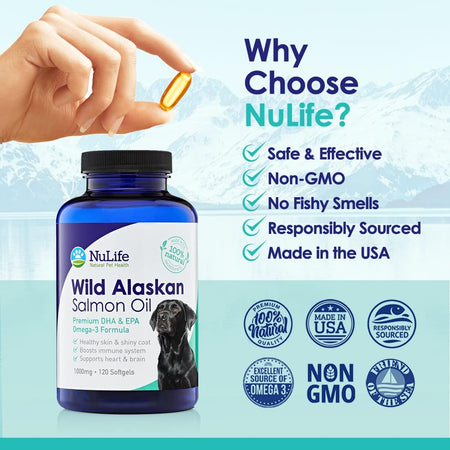 Wild Alaskan Fish Oil For Dogs - Salmon Oil Pills For Dogs - 120 Caps (1000mg) - NuLife Natural Pet Health