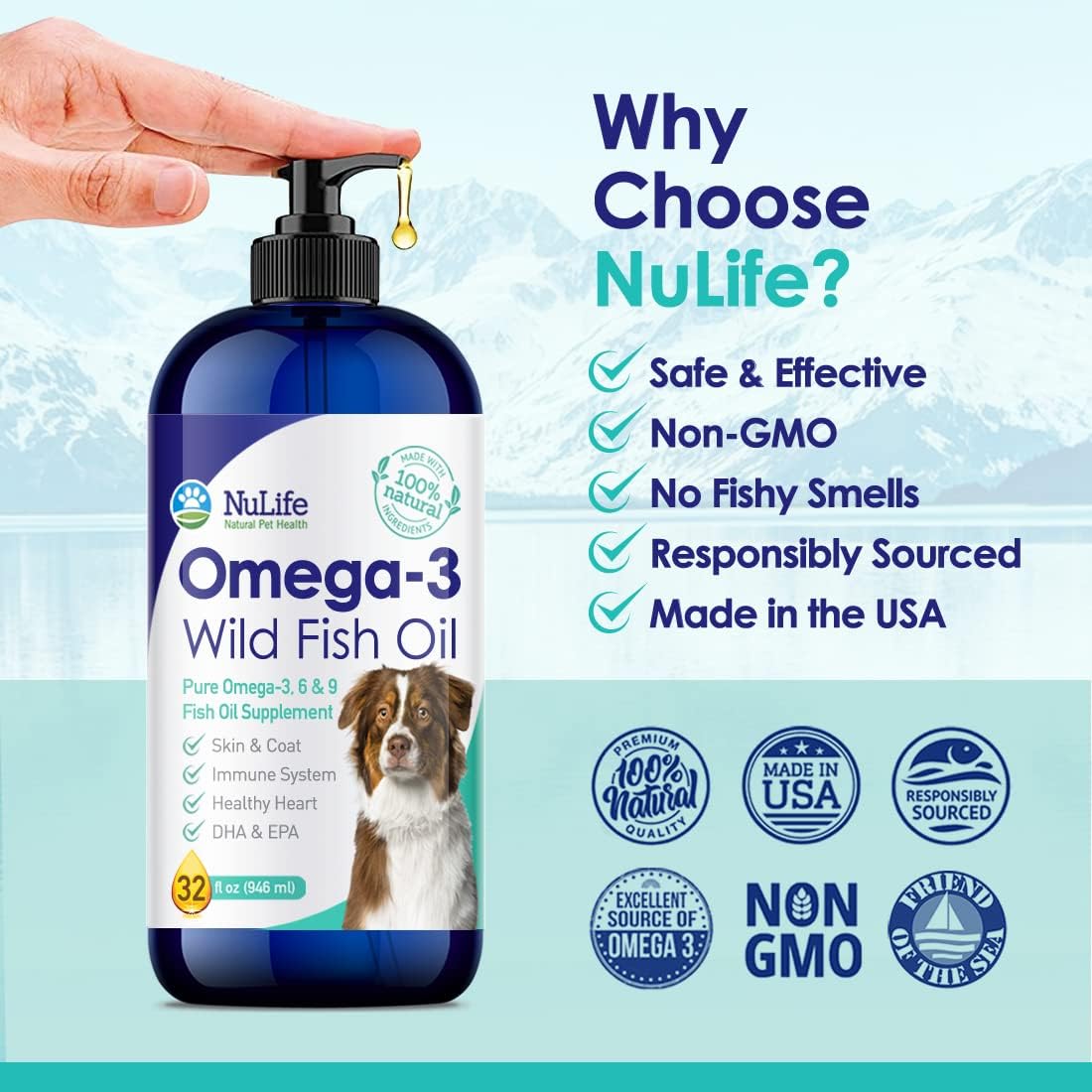 Wild Omega 3 Fish Oil For Dogs Liquid - 32 oz - NuLife Natural Pet Health